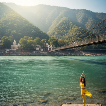 Smukti traveler practicing yoga near the Ganges